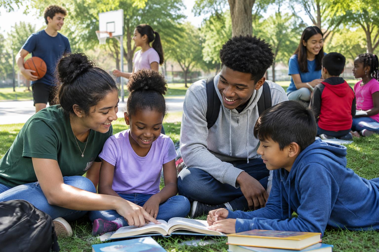 Student volunteers coaching and tutoring younger children in a park