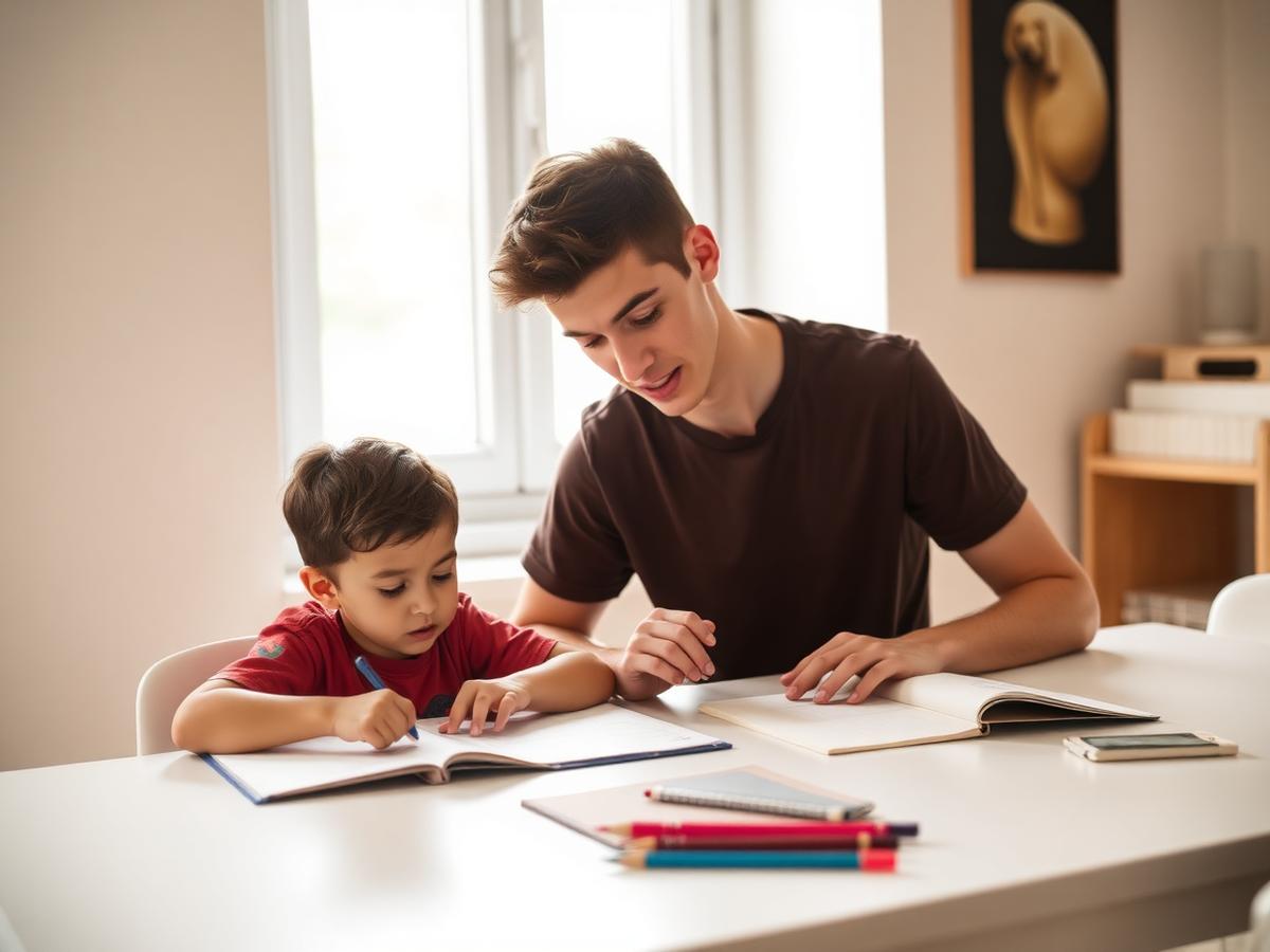 Student coach working with a young learner